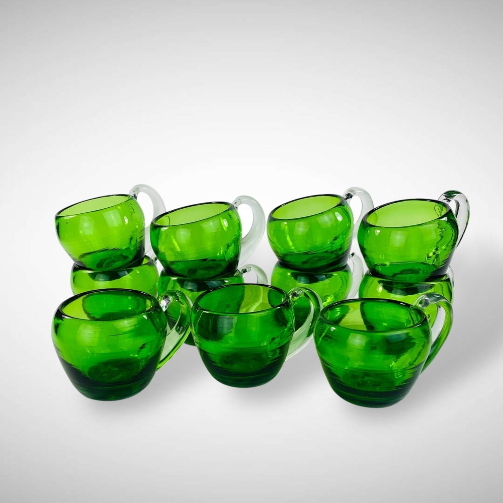 Scandinavian Emerald Punch Cups Set 11 Hand Blown MCM Pontil - Picture 2 of 10